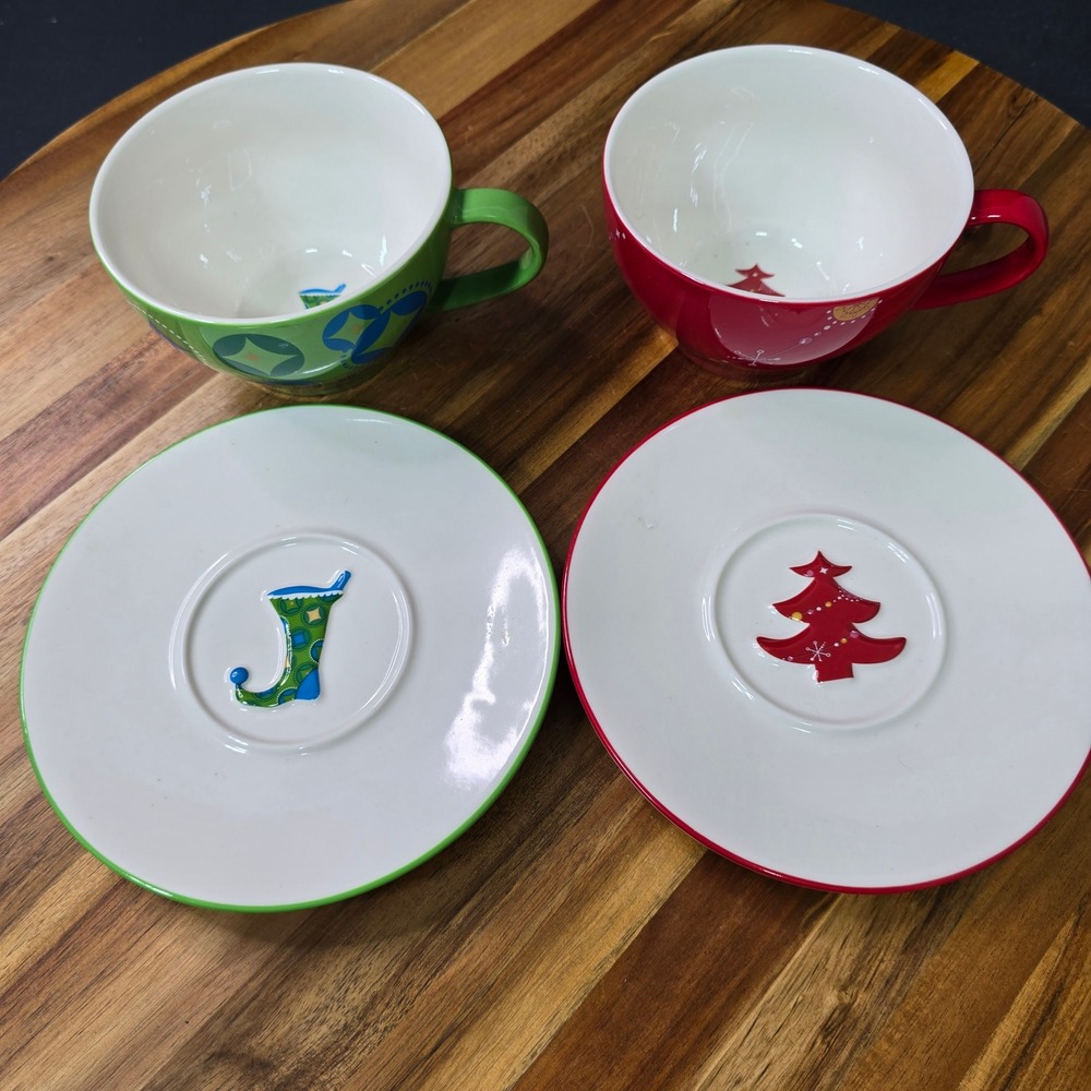 Starbucks Coffee Cup Saucer Set 2006 Holiday Christmas Red Green Tree Stocking